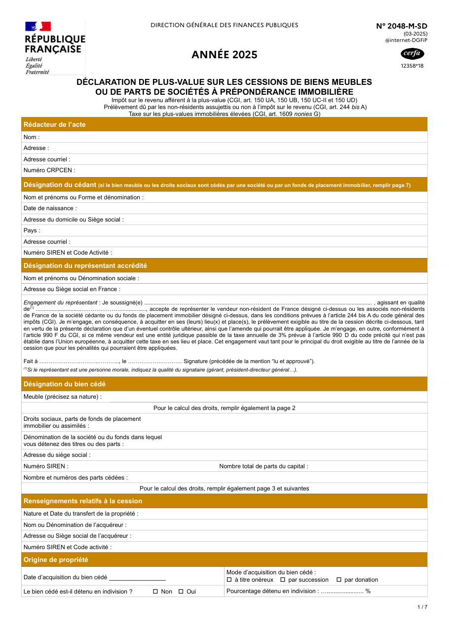 Page 1 du formulaire impots.gouv.fr n° 2048-M-SD — Déclarer une plus-value sur un bien meuble ou des parts de sociétés à prépondérance immobilière