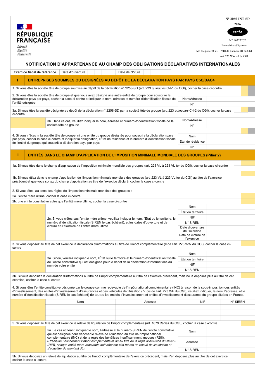 Page 1 du formulaire impots.gouv.fr n° 2065-INT-SD — Notifier son appartenance au champ des obligations déclaratives internationales