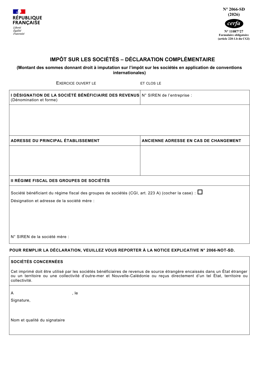 Page 1 du formulaire impots.gouv.fr n° 2066-SD — Déclaration complémentaire d'impôt sur les sociétés pour les conventions internationales