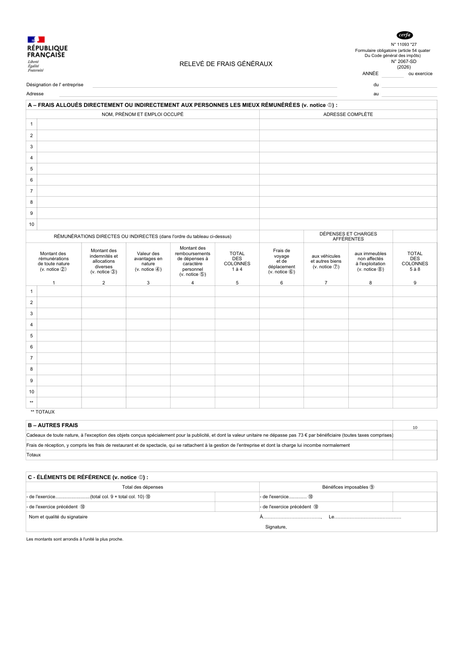 Page 1 du formulaire impots.gouv.fr n° 2067-SD — Établir le relevé des frais généraux de l'entreprise