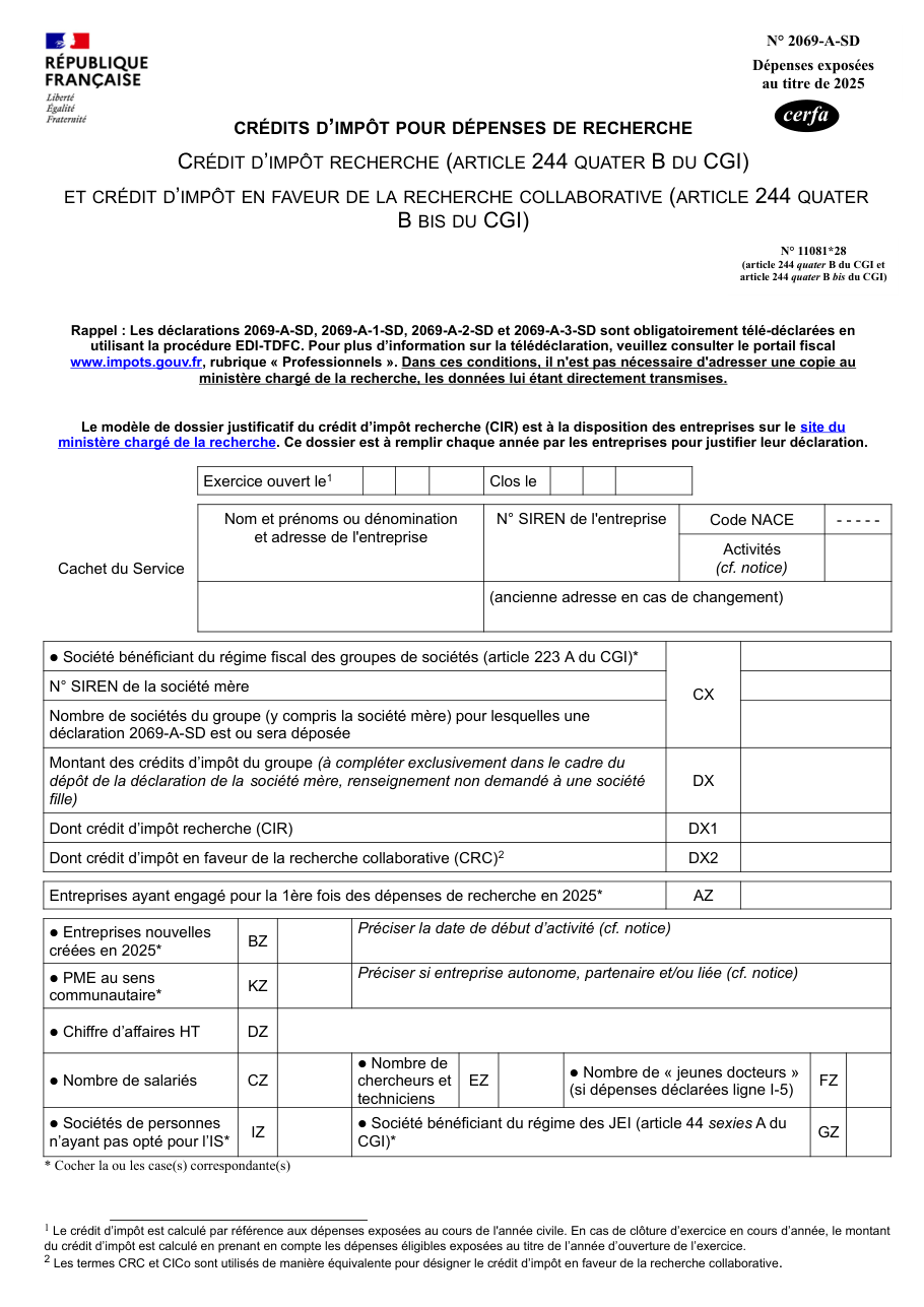 Page 1 du formulaire impots.gouv.fr n° 2069-A-SD — Déclarer le crédit d'impôt recherche et le crédit d'impôt recherche collaborative