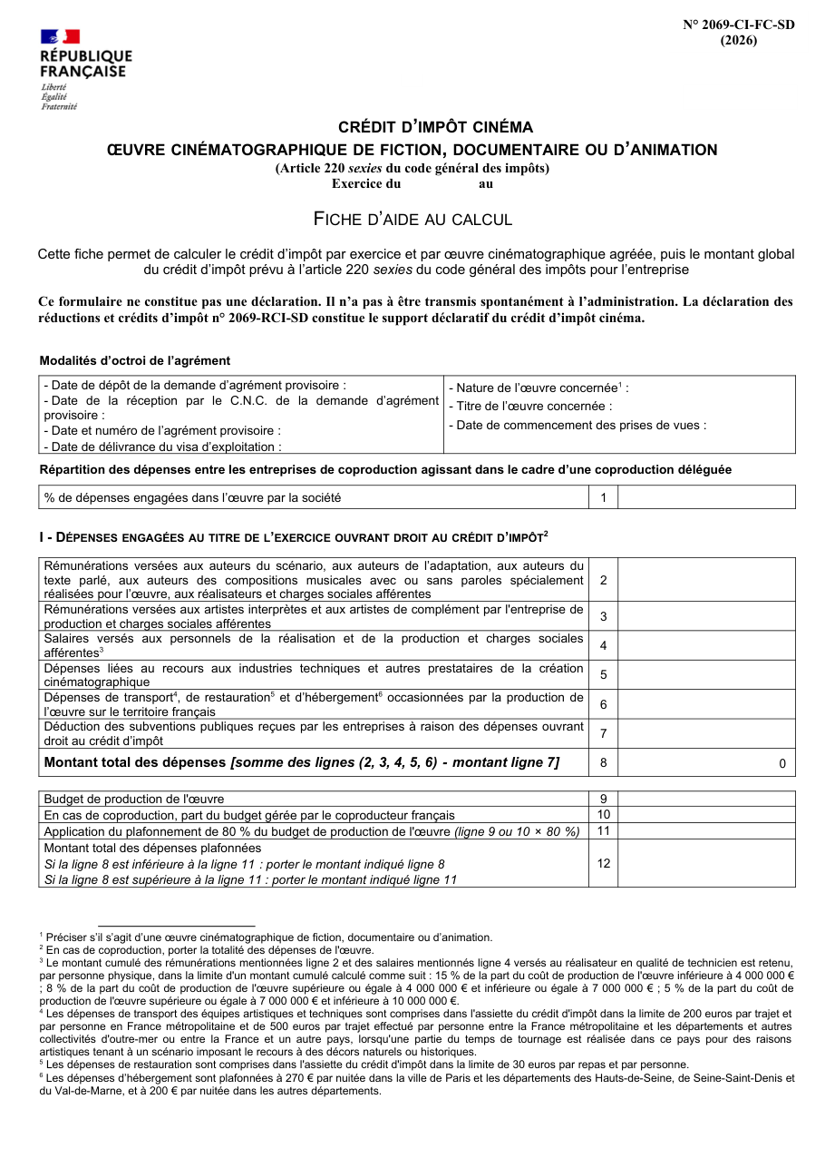 Page 1 du formulaire impots.gouv.fr n° 2069-CI-FC-SD — Calcul du crédit d’impôt cinéma pour une œuvre