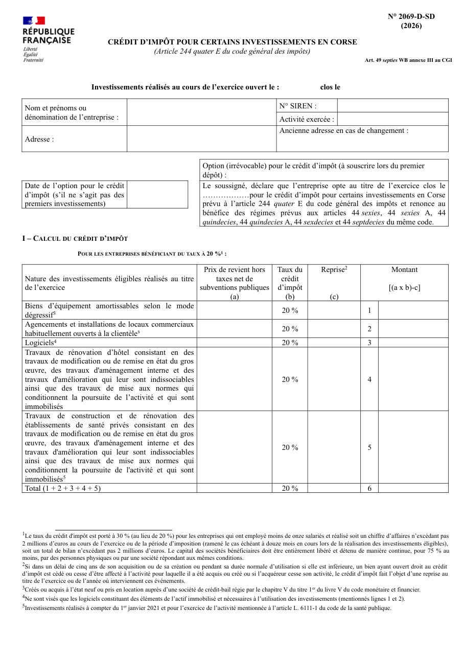 Page 1 du formulaire impots.gouv.fr n° 2069-D-SD — Crédit d'impôt pour certains investissements réalisés en Corse