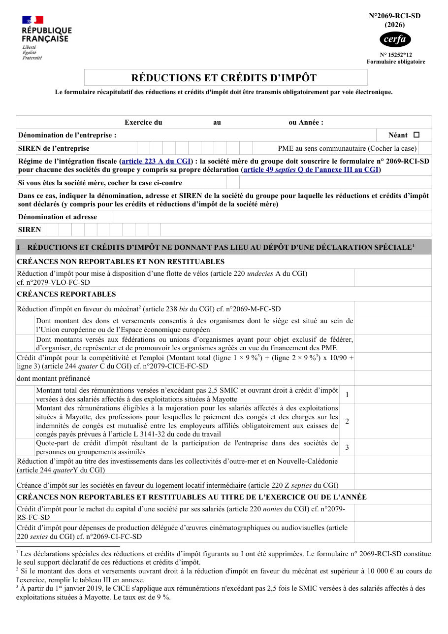Page 1 du formulaire impots.gouv.fr n° 2069-RCI-SD — Récapituler les réductions et crédits d'impôt d'une entreprise