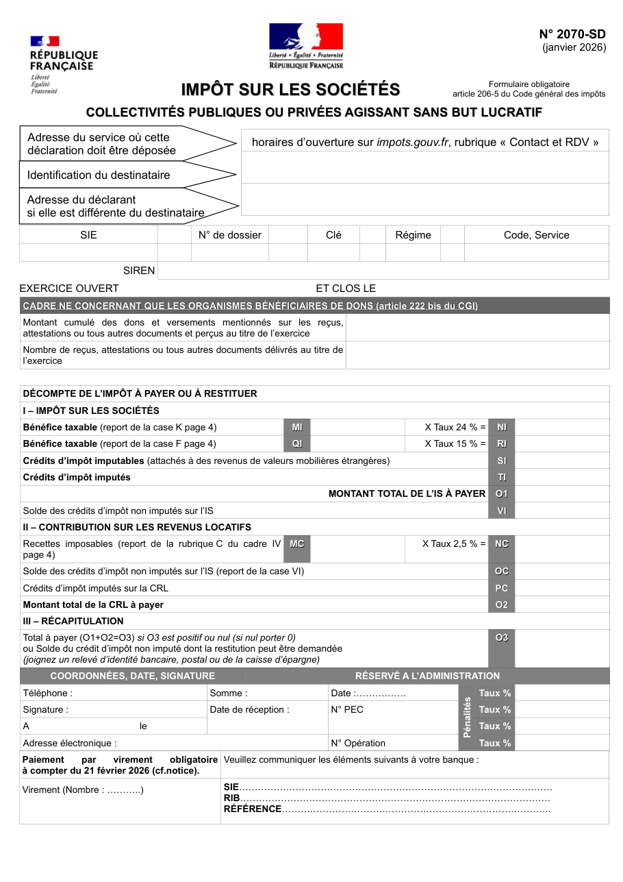 Page 1 du formulaire impots.gouv.fr n° 2070-SD — Déclaration d’impôt des organismes sans but lucratif