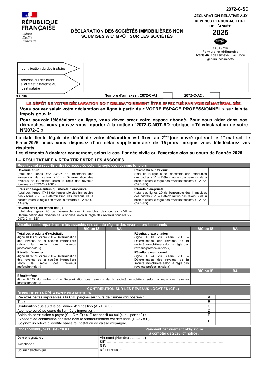 Page 1 du formulaire impots.gouv.fr n° 2072-C-SD — Déclaration des sociétés immobilières non soumises à l'impôt sur les sociétés