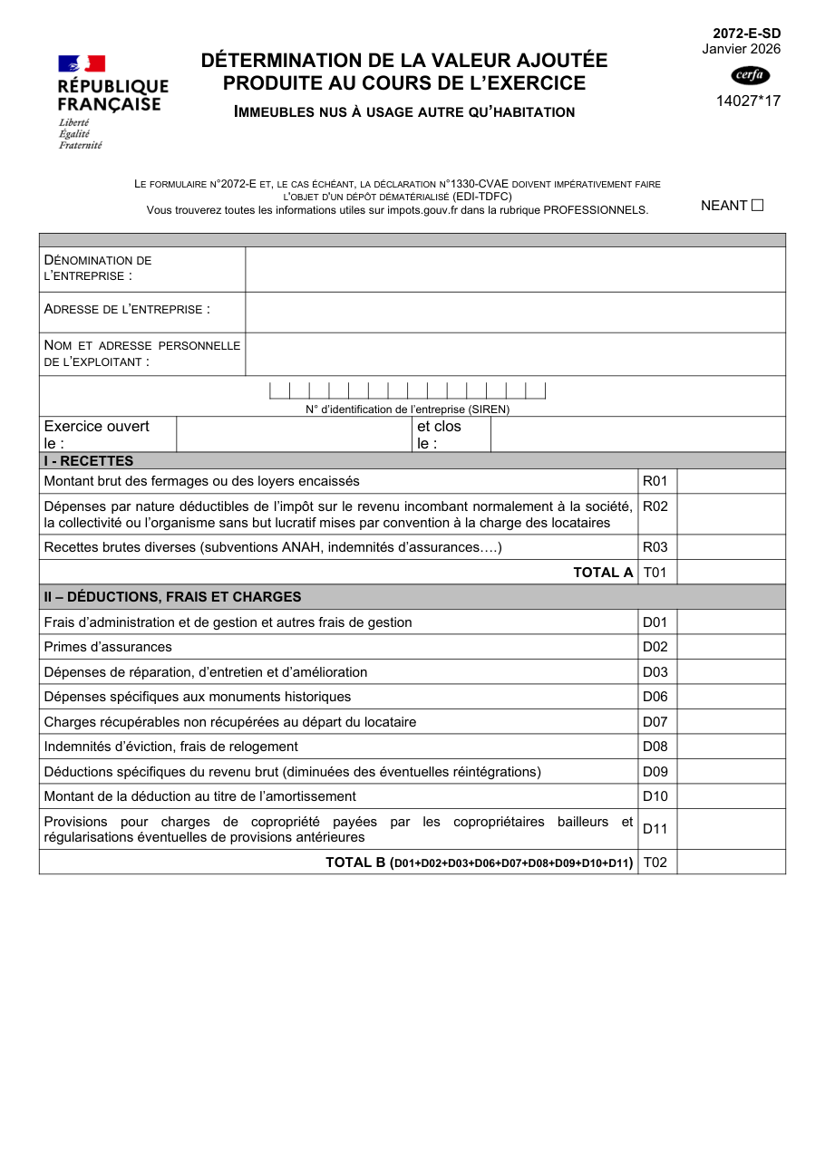 Page 1 du formulaire impots.gouv.fr n° 2072-E-SD — Calculer la valeur ajoutée d'une société immobilière pour la CVAE