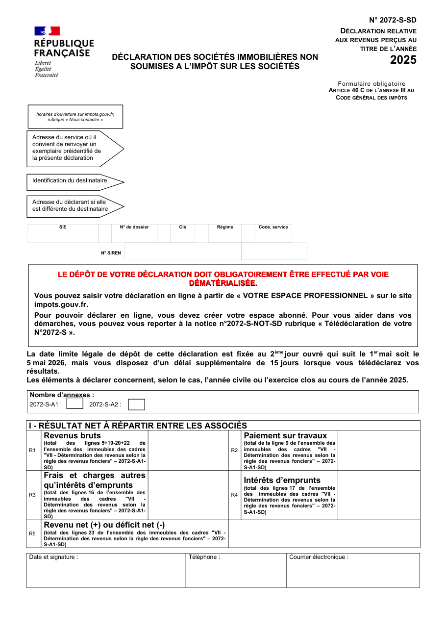 Page 1 du formulaire impots.gouv.fr n° 2072-S-SD — Déclarer les revenus d'une société immobilière non soumise à l'impôt sur les sociétés