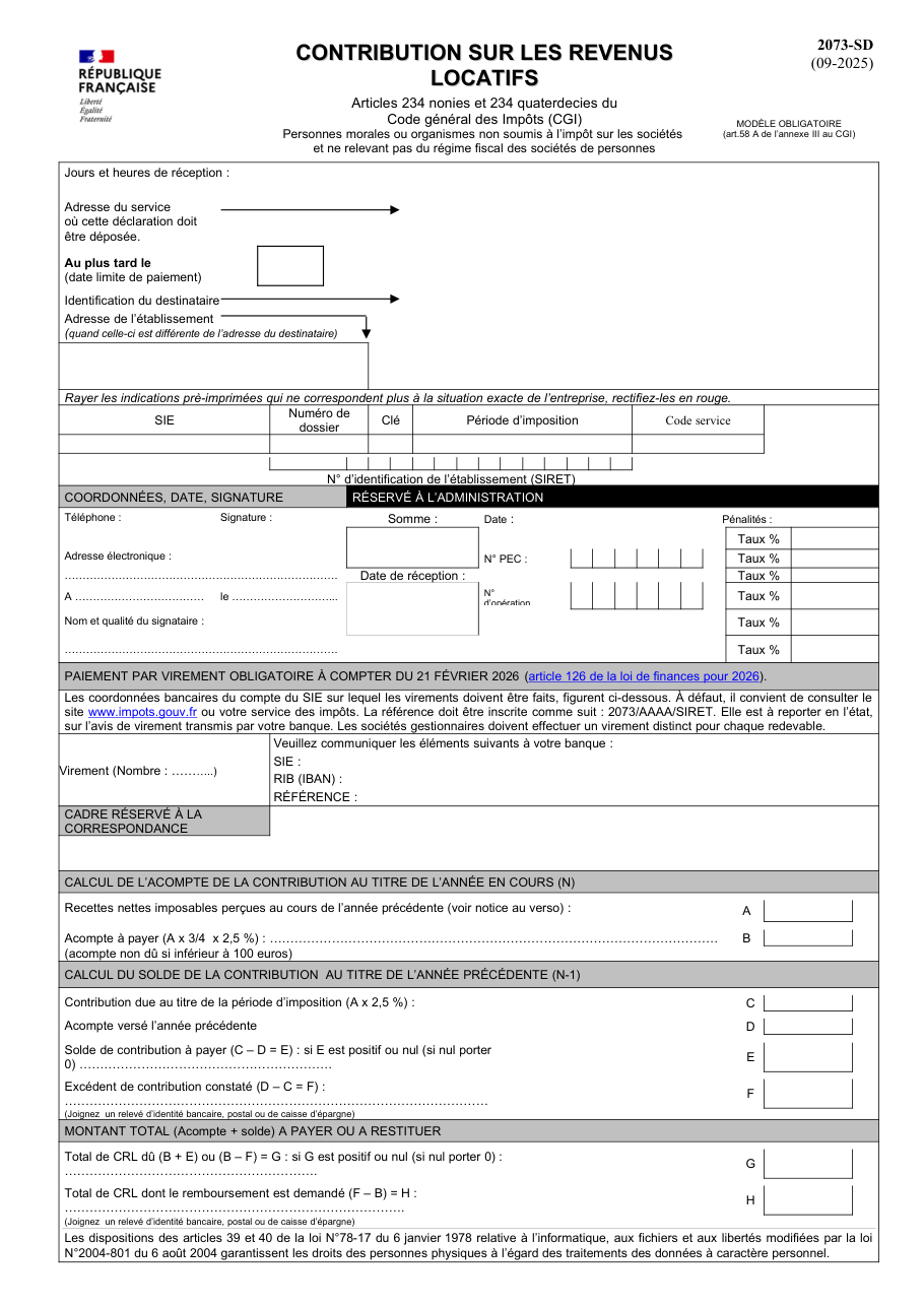 Page 1 du formulaire impots.gouv.fr n° 2073-SD — Déclarer la contribution sur les revenus locatifs