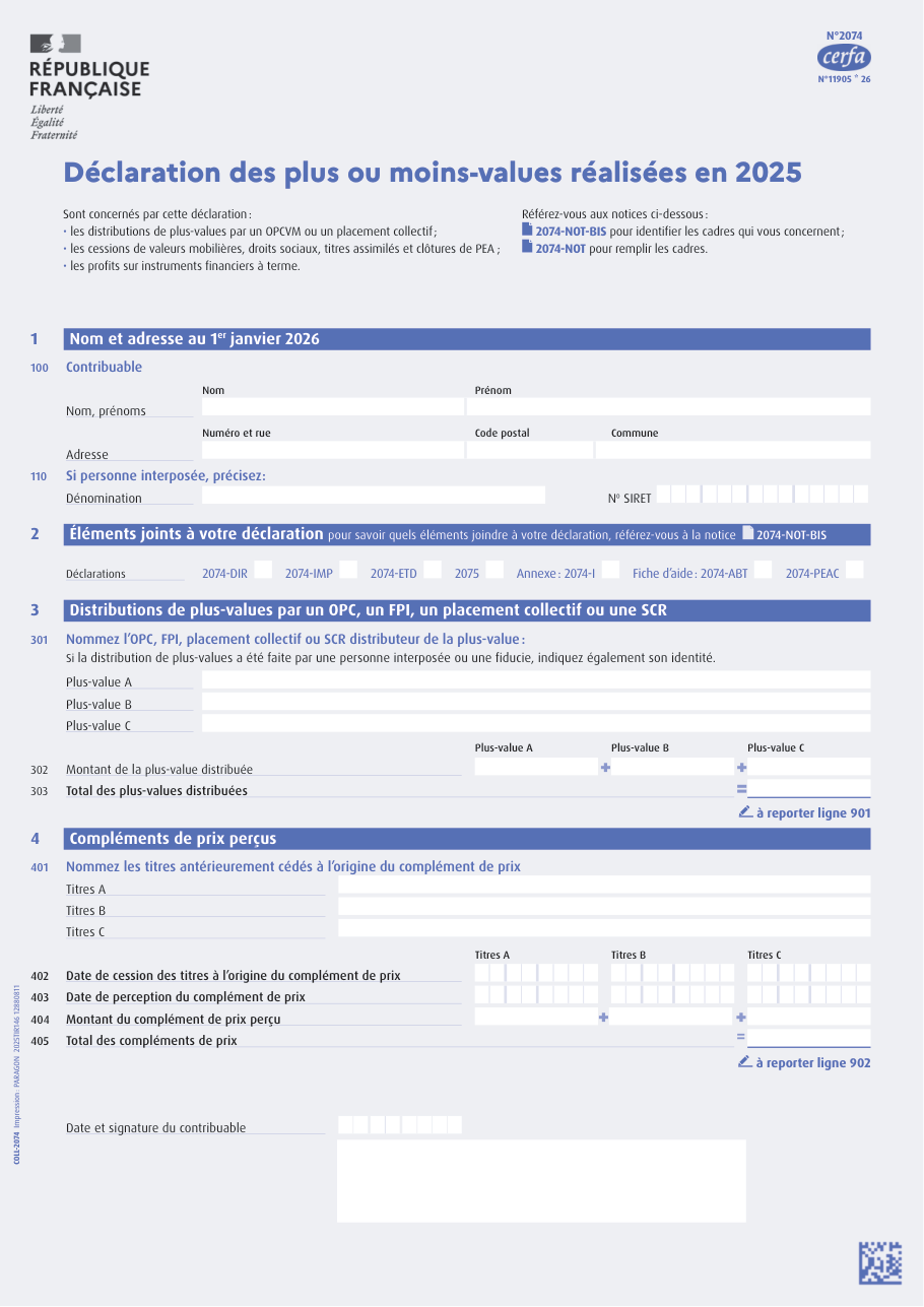 Page 1 du formulaire impots.gouv.fr n° 2074 — Déclarer ses plus ou moins-values de valeurs mobilières