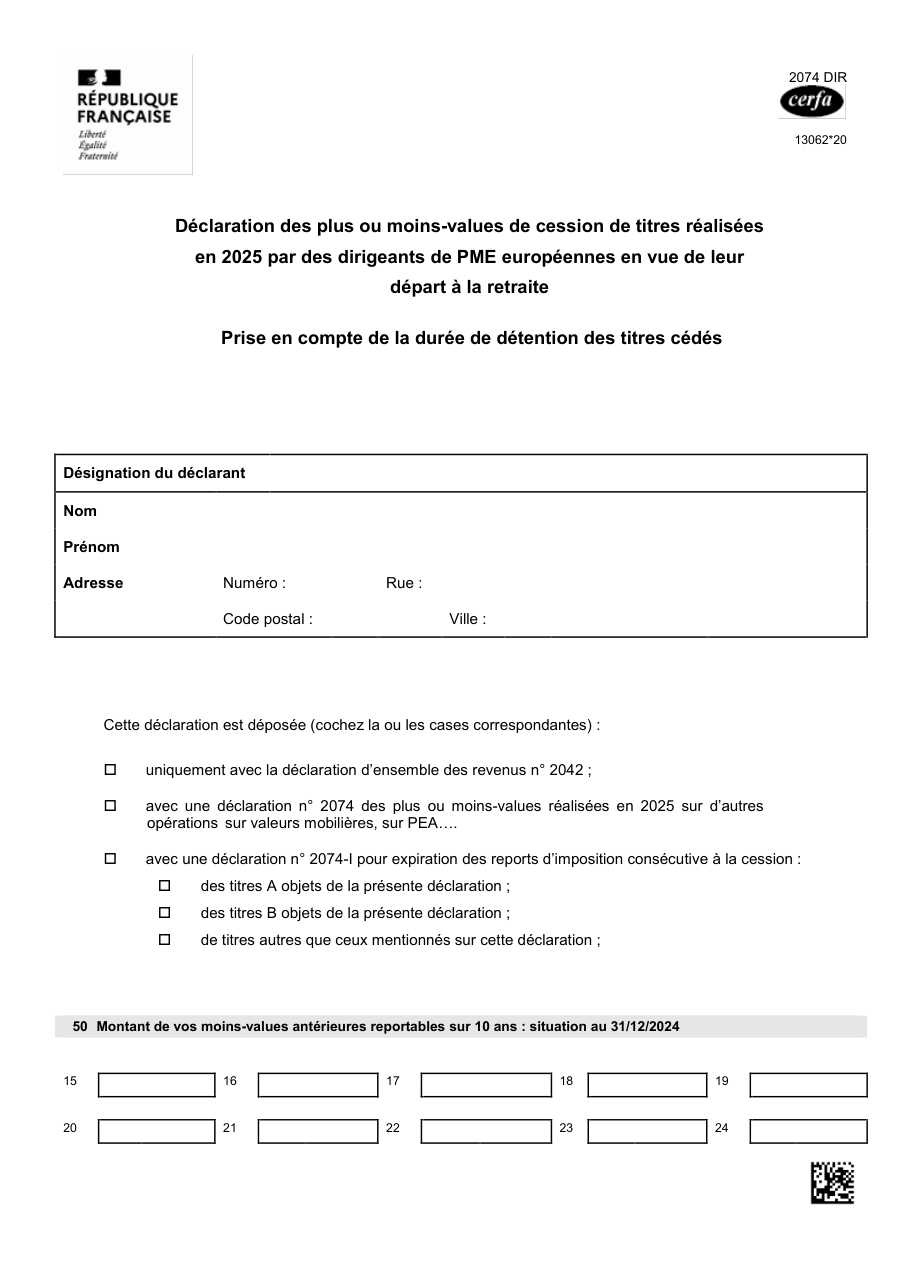 Page 1 du formulaire impots.gouv.fr n° 2074-DIR-SD — Déclarer une cession de titres par un dirigeant de PME partant à la retraite