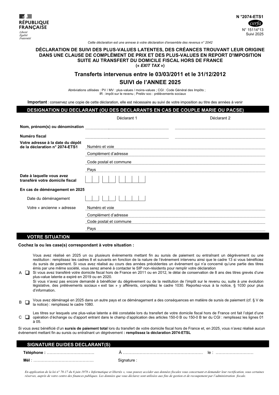 Page 1 du formulaire impots.gouv.fr n° 2074-ETS1 — Suivre son exit tax après un transfert de domicile fiscal hors de France