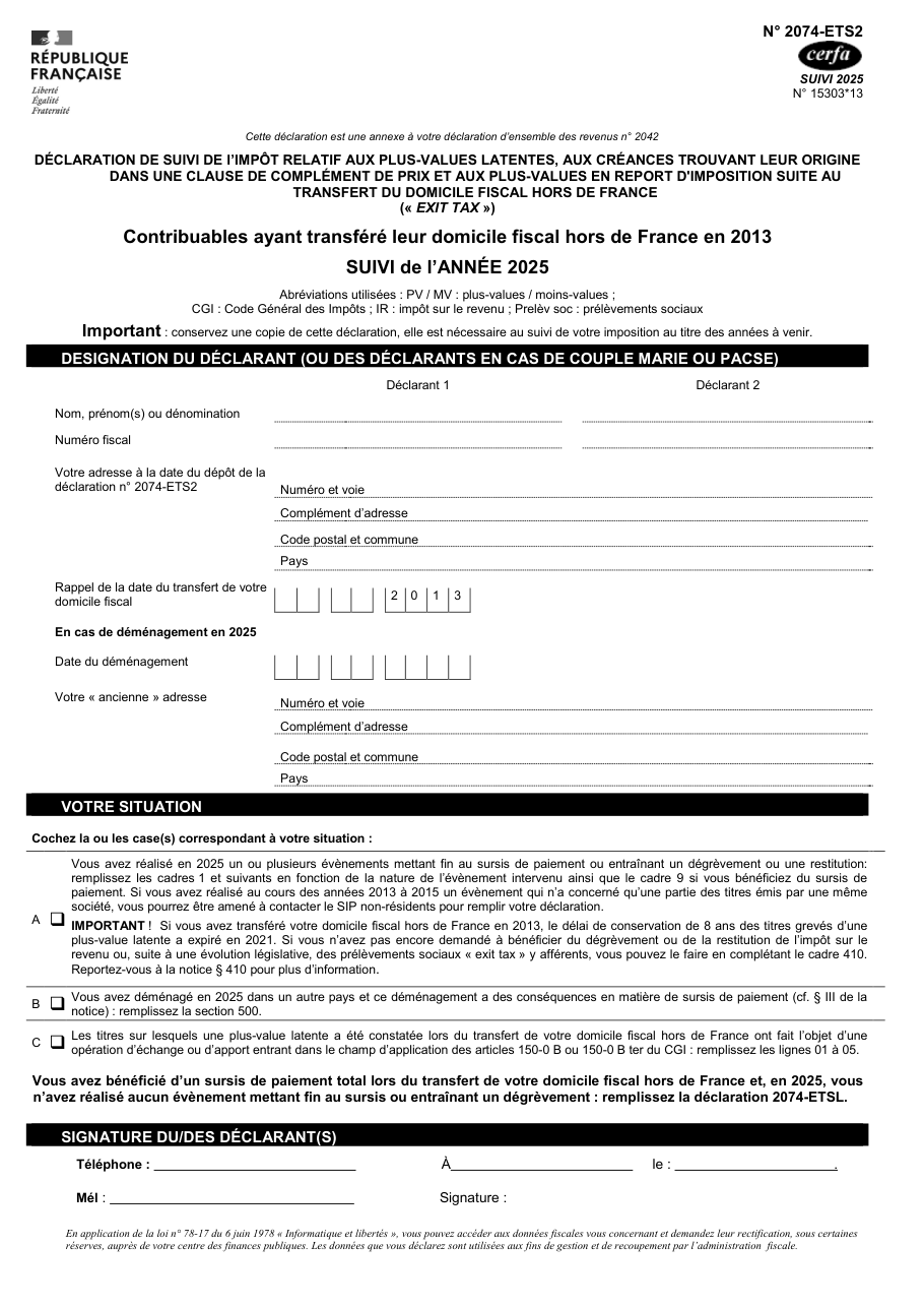 Page 1 du formulaire impots.gouv.fr n° 2074-ETS2 — Déclaration de suivi de l'exit tax après un transfert de domicile fiscal