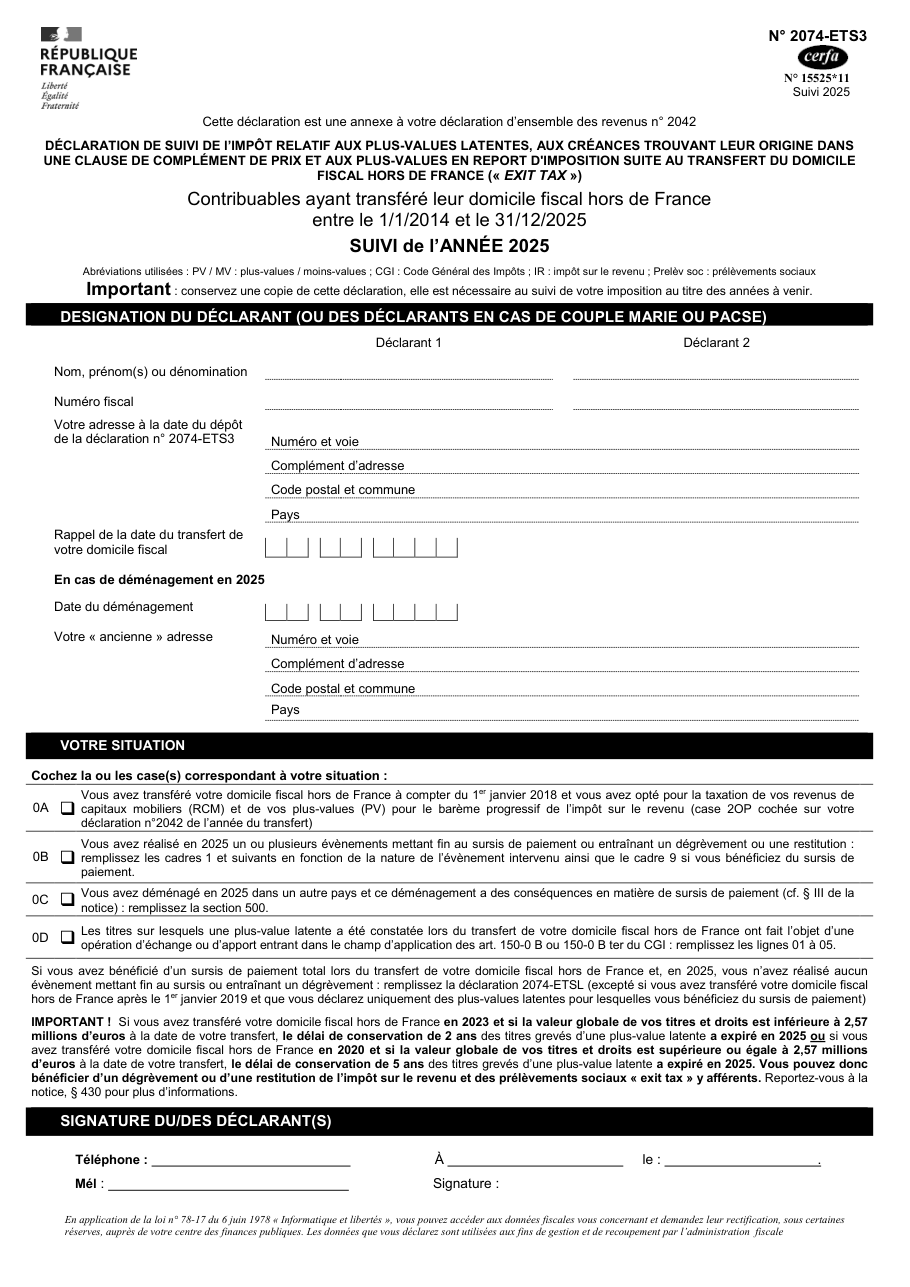Page 1 du formulaire impots.gouv.fr n° 2074-ETS3 — Déclaration de suivi de l'exit tax