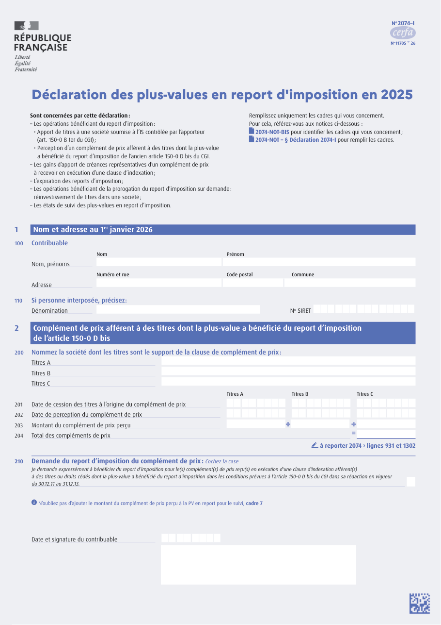 Page 1 du formulaire impots.gouv.fr n° 2074-I — Déclarer ses plus-values en report d'imposition
