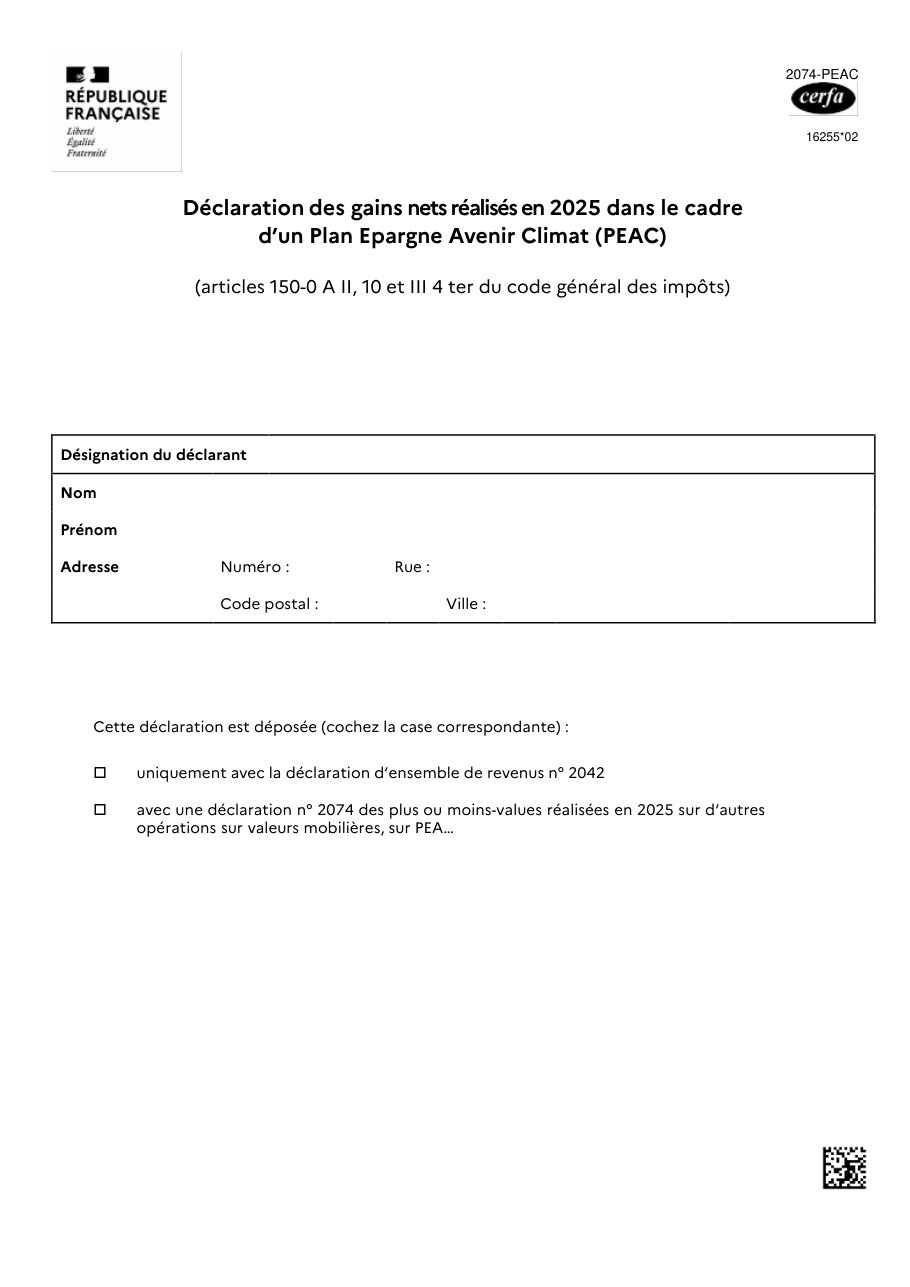 Page 1 du formulaire impots.gouv.fr n° 2074-PEAC — Déclarer les gains d'un plan d'épargne avenir climat