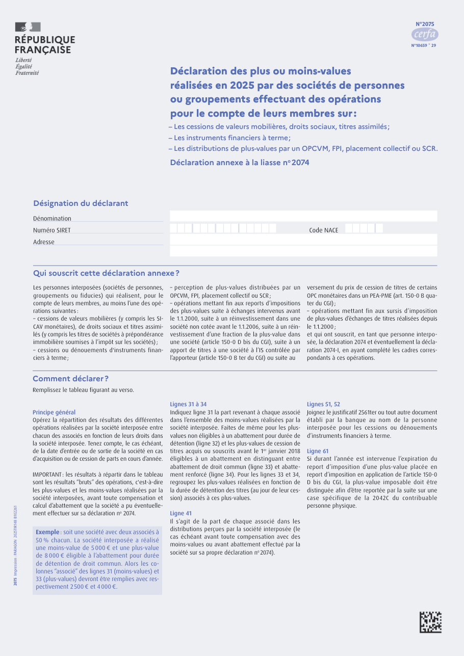 Page 1 du formulaire impots.gouv.fr n° 2075 — Déclarer les plus ou moins-values réalisées par une société de personnes pour ses membres
