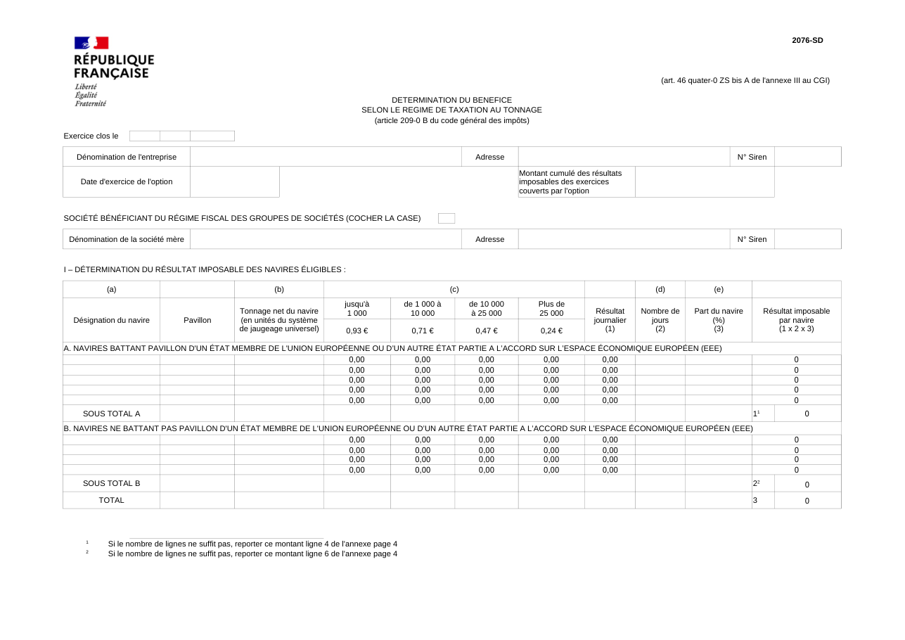 Page 1 du formulaire impots.gouv.fr n° 2076-SD — Déterminer son bénéfice selon le régime de taxation au tonnage