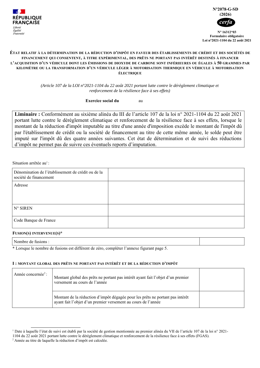 Page 1 du formulaire impots.gouv.fr n° 2078-G-SD — Suivre la réduction d'impôt sur les prêts sans intérêt pour un véhicule propre