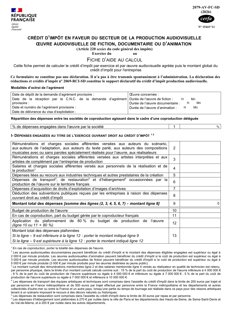Page 1 du formulaire impots.gouv.fr n° 2079-AV-FC-SD — Calculer le crédit d'impôt pour la production audiovisuelle