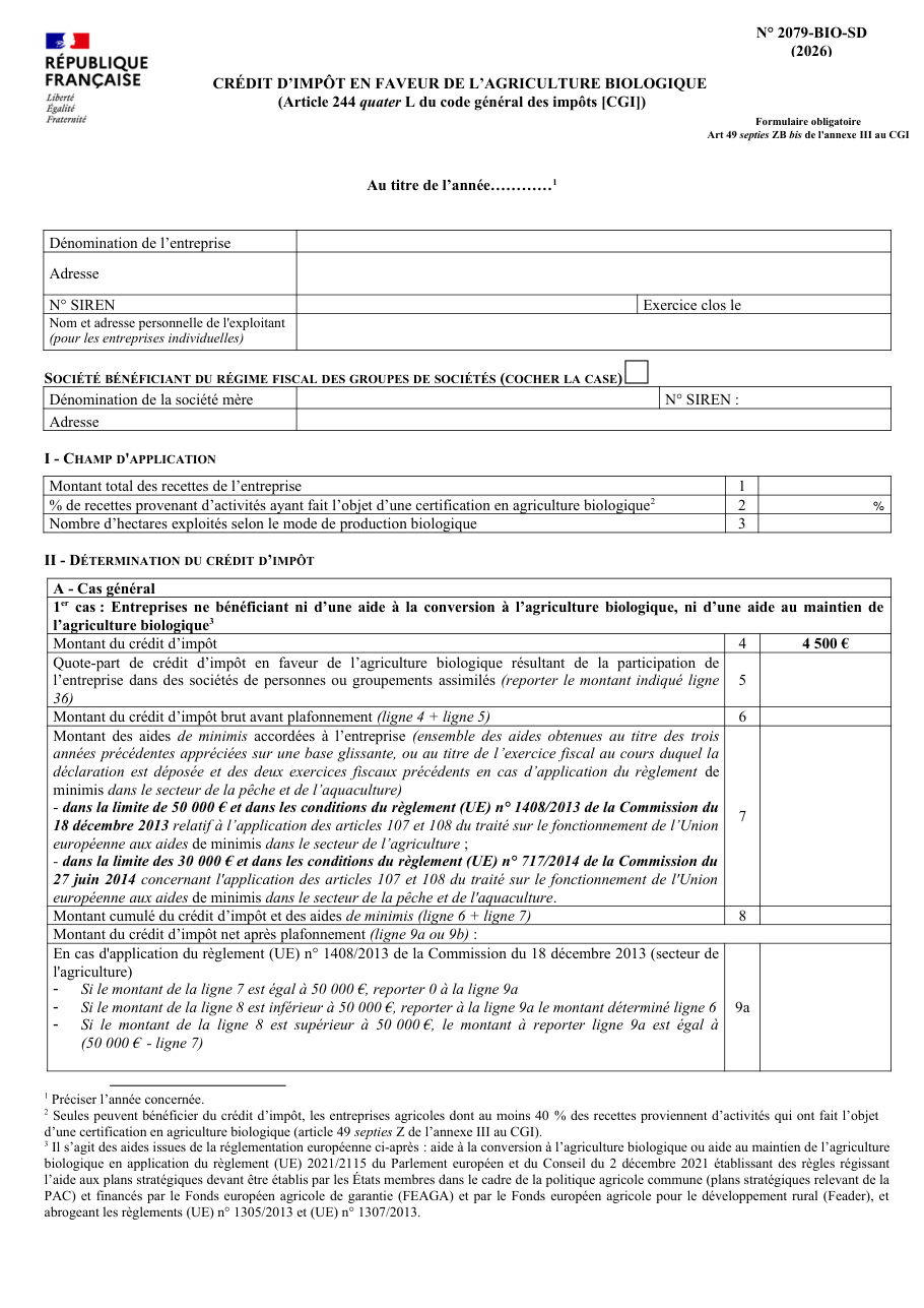 Page 1 du formulaire impots.gouv.fr n° 2079-BIO-SD — Demander le crédit d'impôt en faveur de l'agriculture biologique