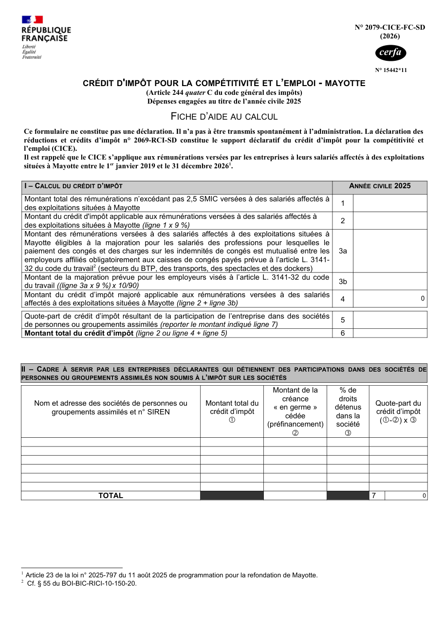 Page 1 du formulaire impots.gouv.fr n° 2079-CICE-FC — Fiche d'aide au calcul du crédit d'impôt compétitivité emploi à Mayotte