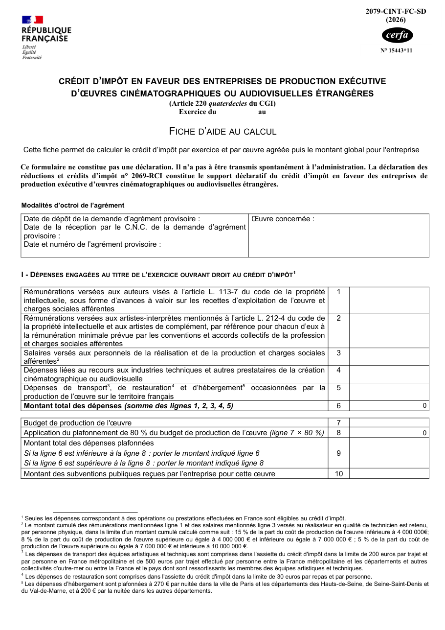 Page 1 du formulaire impots.gouv.fr n° 2079-CINT-FC-SD — Calculer le crédit d'impôt de la production exécutive d'œuvres étrangères
