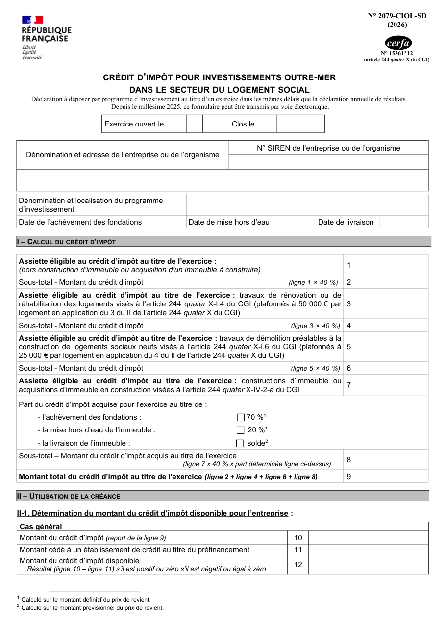 Page 1 du formulaire impots.gouv.fr n° 2079-CIOL-SD — Calculer le crédit d'impôt outre-mer pour le logement social