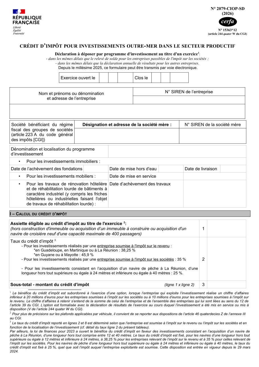 Page 1 du formulaire impots.gouv.fr n° 2079-CIOP-SD — Crédit d'impôt pour investissements outre-mer dans le secteur productif