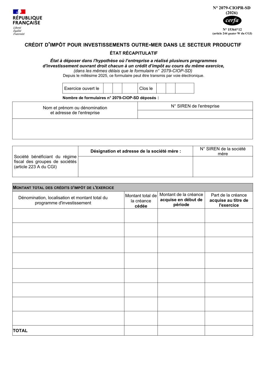 Page 1 du formulaire impots.gouv.fr n° 2079-CIOPR-SD — Récapituler ses crédits d'impôt pour investissements outre-mer