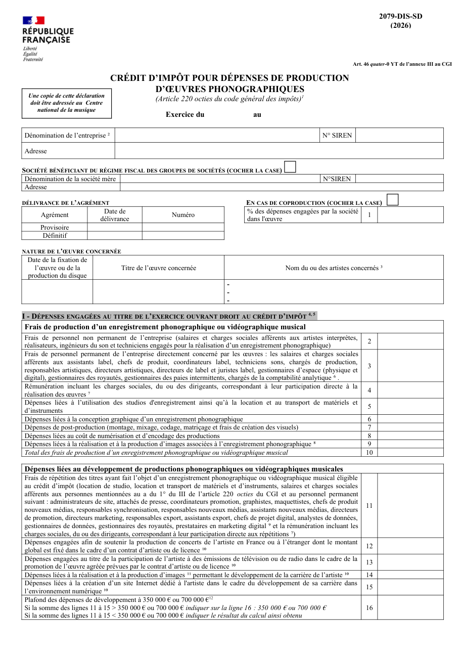 Page 1 du formulaire impots.gouv.fr n° 2079-DIS-SD — Déclarer le crédit d'impôt pour la production d'œuvres phonographiques