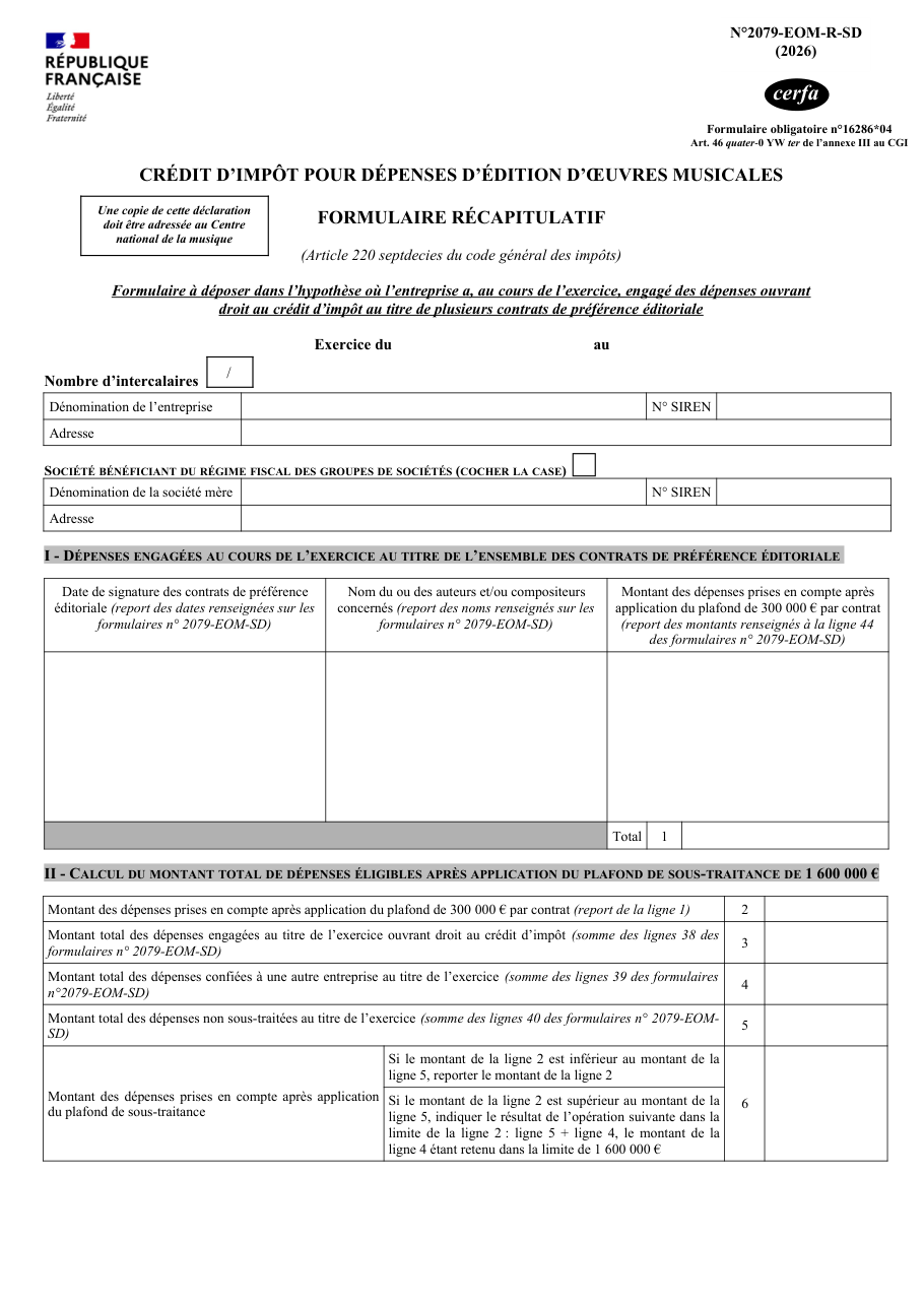 Page 1 du formulaire impots.gouv.fr n° 2079-EOM-R-SD — État récapitulatif du crédit d'impôt pour l'édition d'œuvres musicales