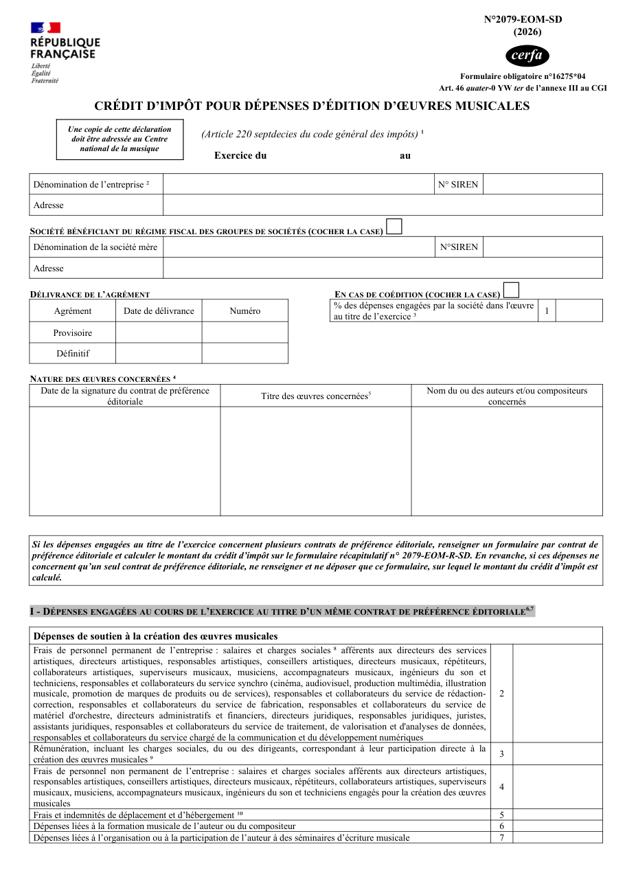 Page 1 du formulaire impots.gouv.fr n° 2079-EOM-SD — Déclarer le crédit d'impôt pour l'édition d'œuvres musicales