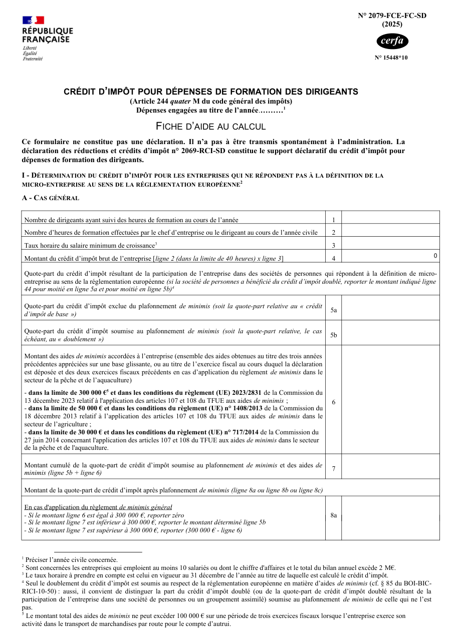 Page 1 du formulaire impots.gouv.fr n° 2079-FCE-FC — Calculer le crédit d'impôt formation du dirigeant