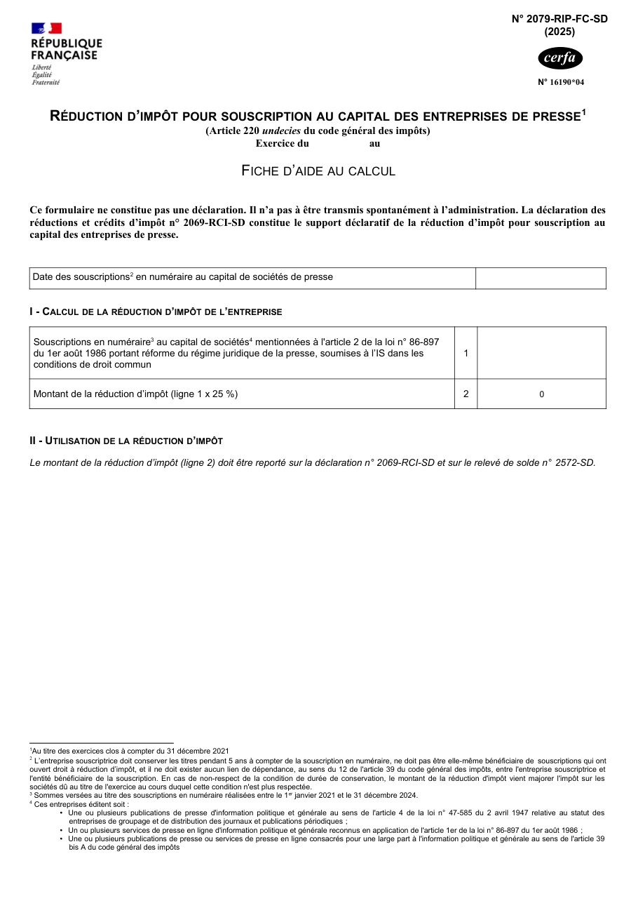 Page 1 du formulaire impots.gouv.fr n° 2079-RIP-FC-SD — Calculer la réduction d'impôt pour souscription au capital d'une entreprise de presse