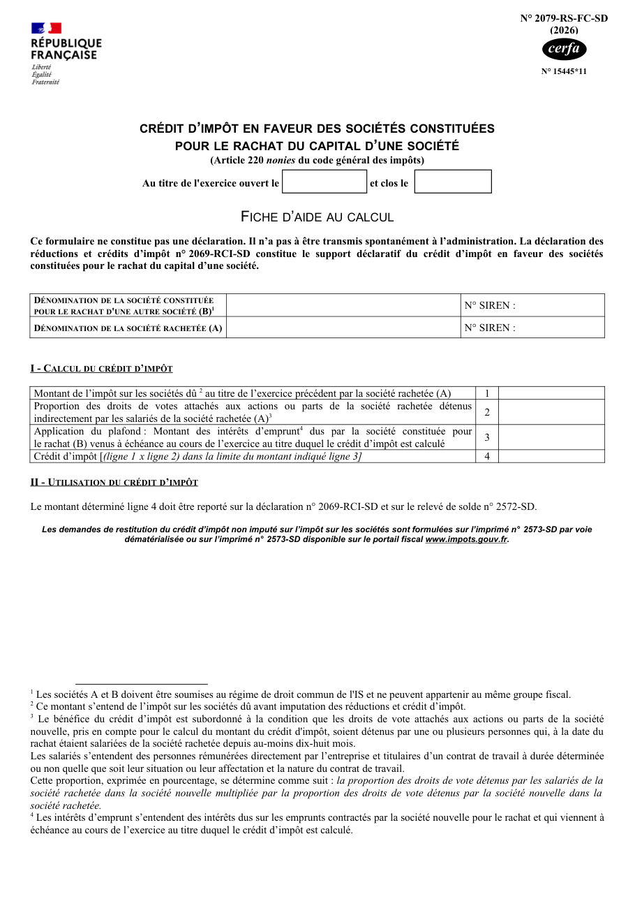 Page 1 du formulaire impots.gouv.fr n° 2079-RS-FC-SD — Fiche de calcul du crédit d'impôt des sociétés constituées pour le rachat d'une société