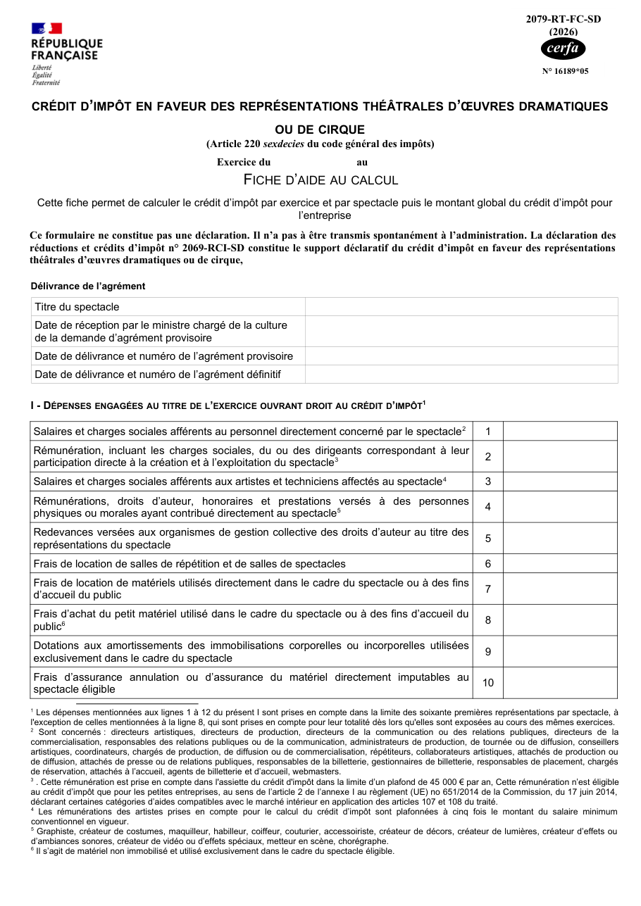 Page 1 du formulaire impots.gouv.fr n° 2079-RT-FC-SD — Calculer le crédit d'impôt pour les représentations théâtrales et de cirque