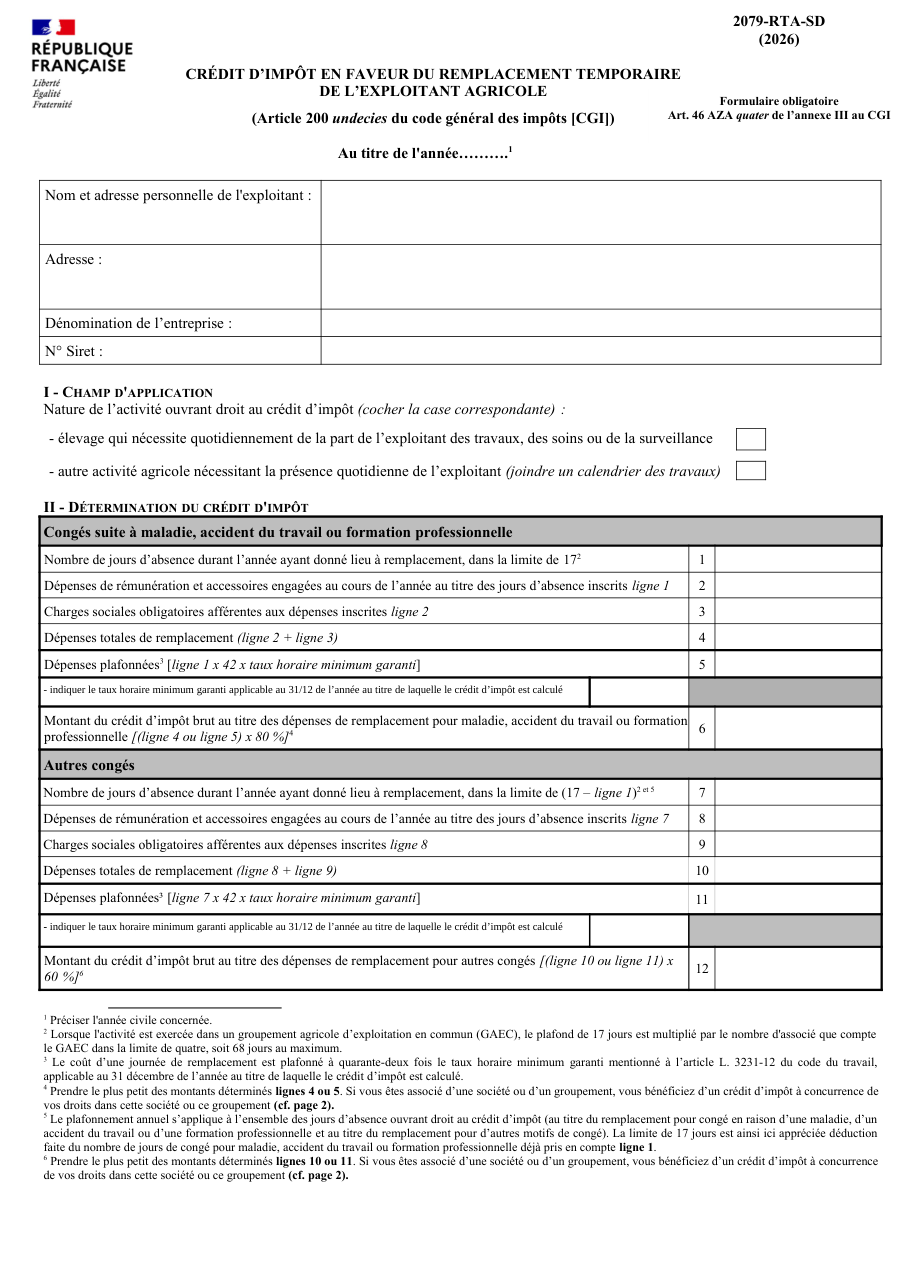 Page 1 du formulaire impots.gouv.fr n° 2079-RTA-SD — Demander le crédit d'impôt pour le remplacement de l'exploitant agricole
