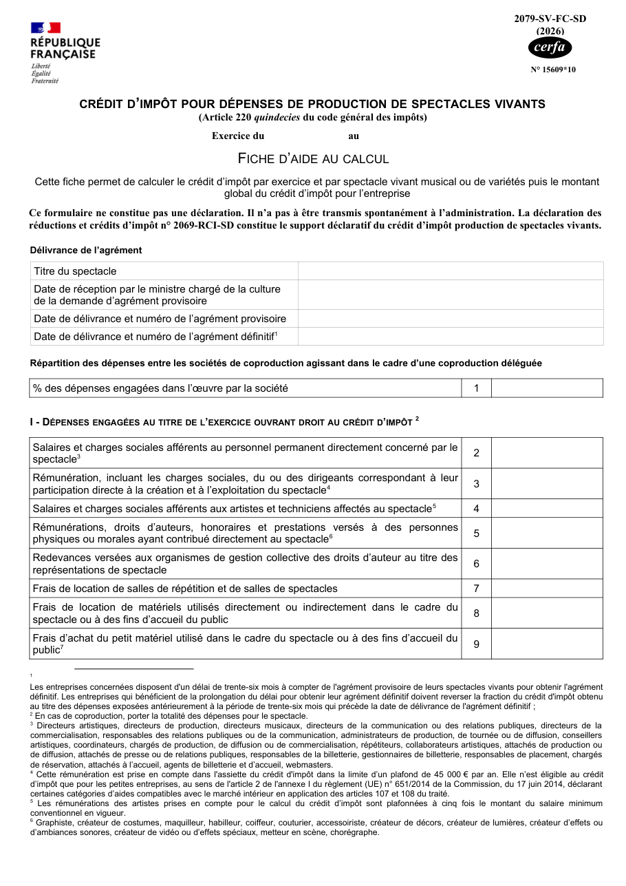 Page 1 du formulaire impots.gouv.fr n° 2079-SV-FC-SD — Calculer le crédit d'impôt pour la production de spectacles vivants