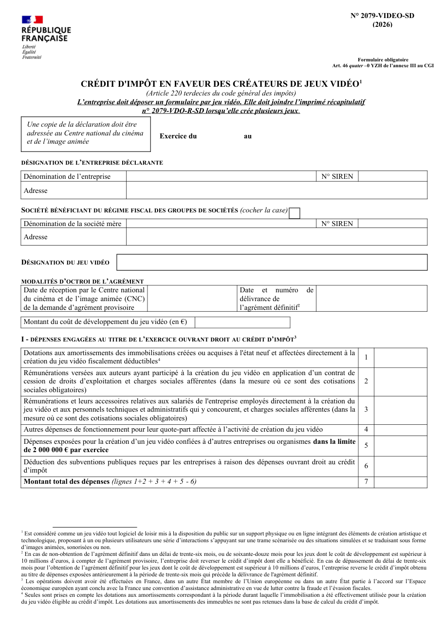 Page 1 du formulaire impots.gouv.fr n° 2079-VIDEO-SD — Déclarer le crédit d'impôt en faveur des créateurs de jeux vidéo