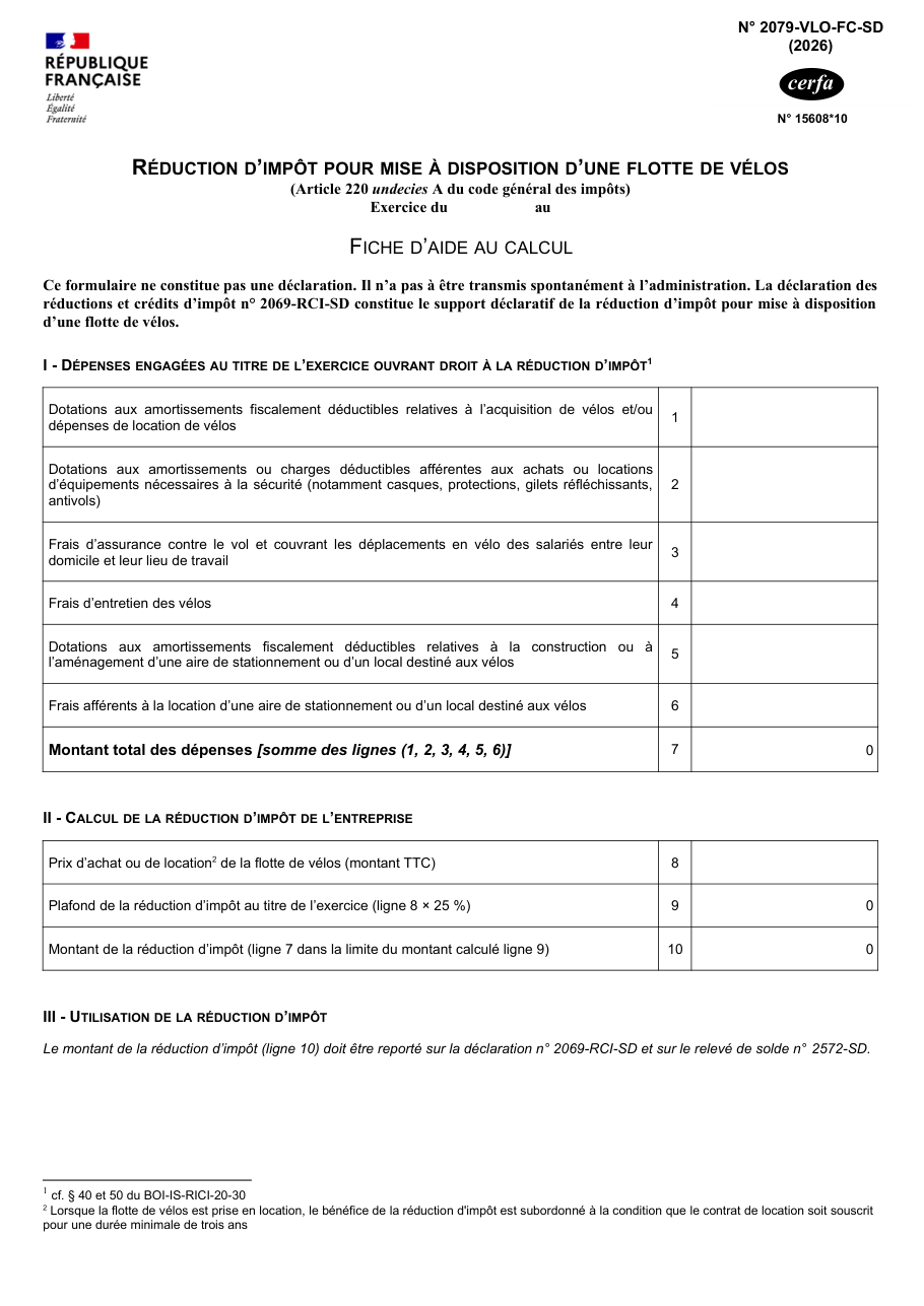 Page 1 du formulaire impots.gouv.fr n° 2079-VLO-FC-SD — Calculer la réduction d'impôt pour une flotte de vélos