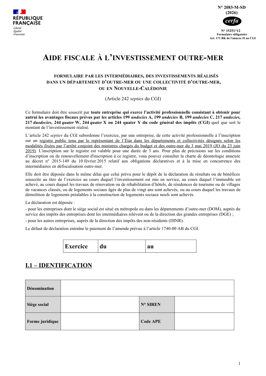 Page 1 du formulaire impots.gouv.fr n° 2083-M-SD — Déclarer, comme intermédiaire, les investissements défiscalisés outre-mer