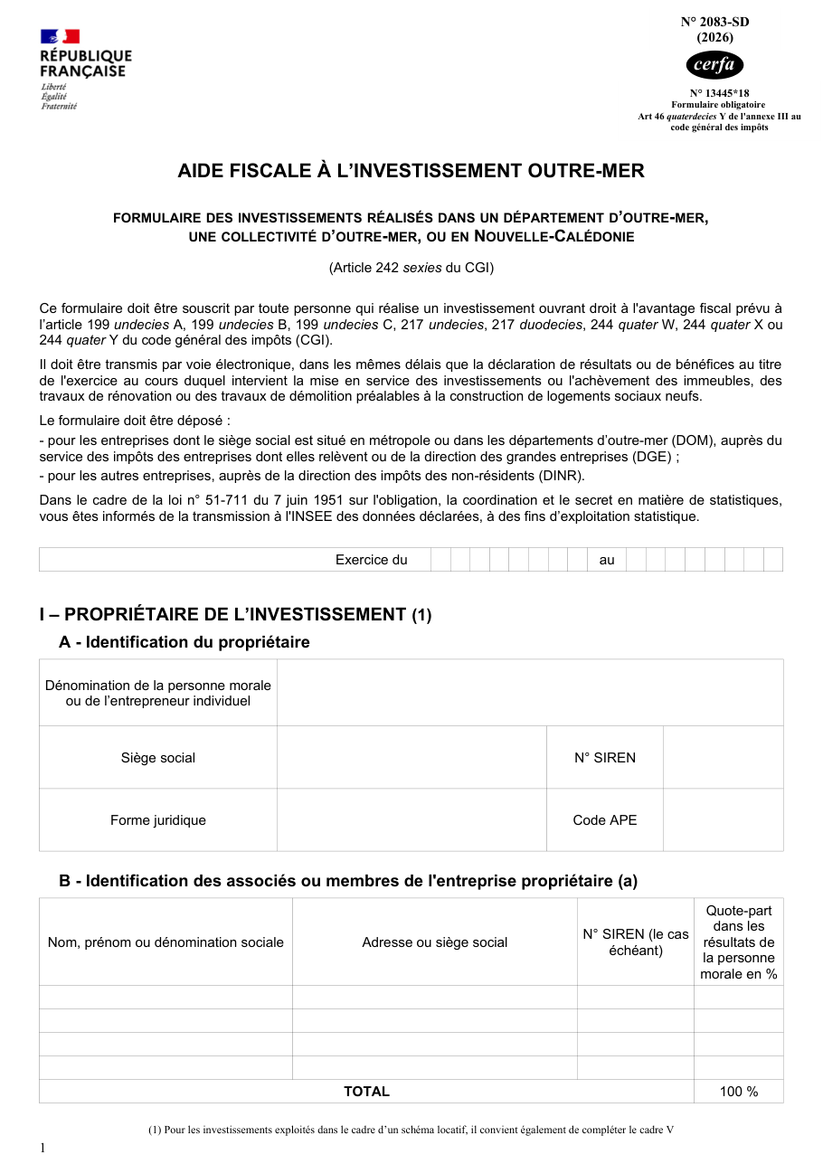 Page 1 du formulaire impots.gouv.fr n° 2083-SD — Déclarer un investissement outre-mer ouvrant droit à l'aide fiscale
