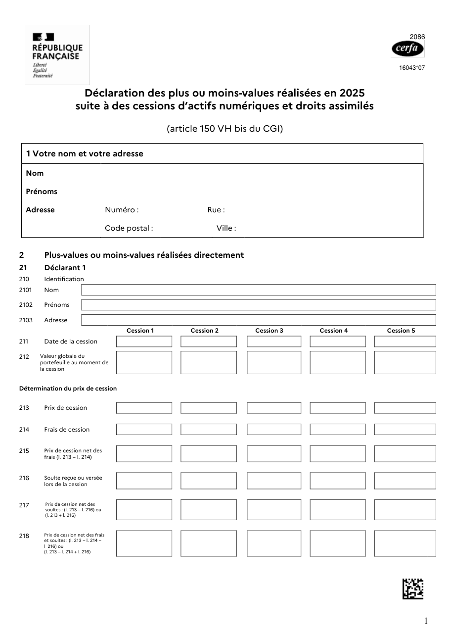 Page 1 du formulaire impots.gouv.fr n° 2086 — Déclarer ses plus-values et moins-values de cessions d'actifs numériques