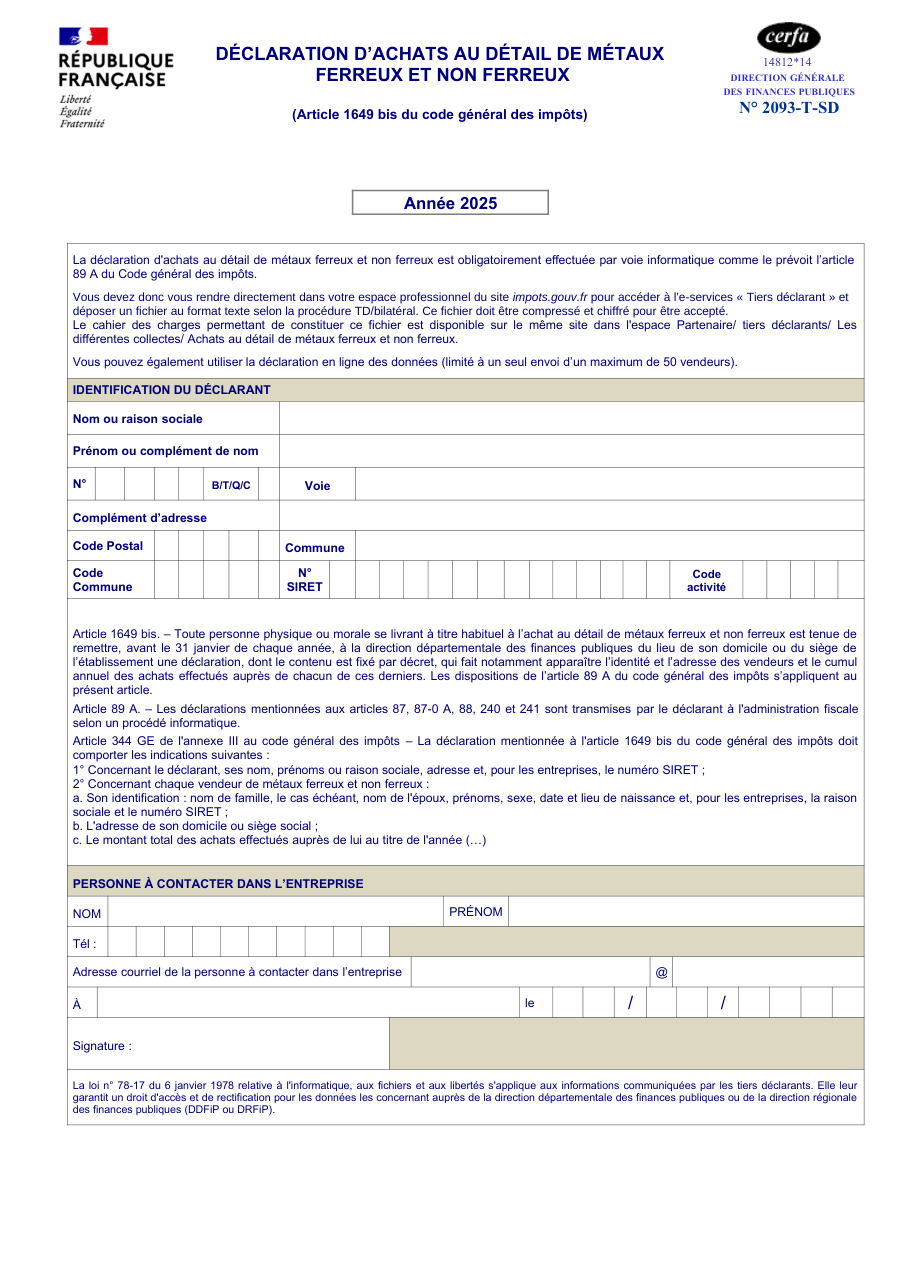 Page 1 du formulaire impots.gouv.fr n° 2093-T — Déclarer ses achats au détail de métaux ferreux et non ferreux