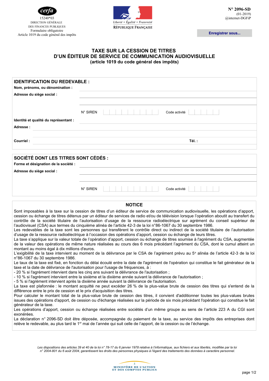 Page 1 du formulaire impots.gouv.fr n° 2096-SD — Déclarer la taxe sur la cession de titres d'un éditeur audiovisuel