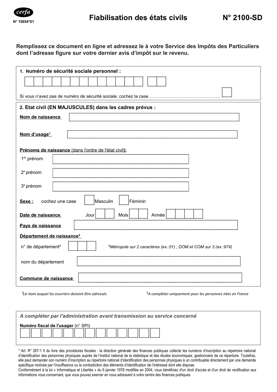 Page 1 du formulaire impots.gouv.fr n° 2100-SD — Corriger son état civil auprès des impôts