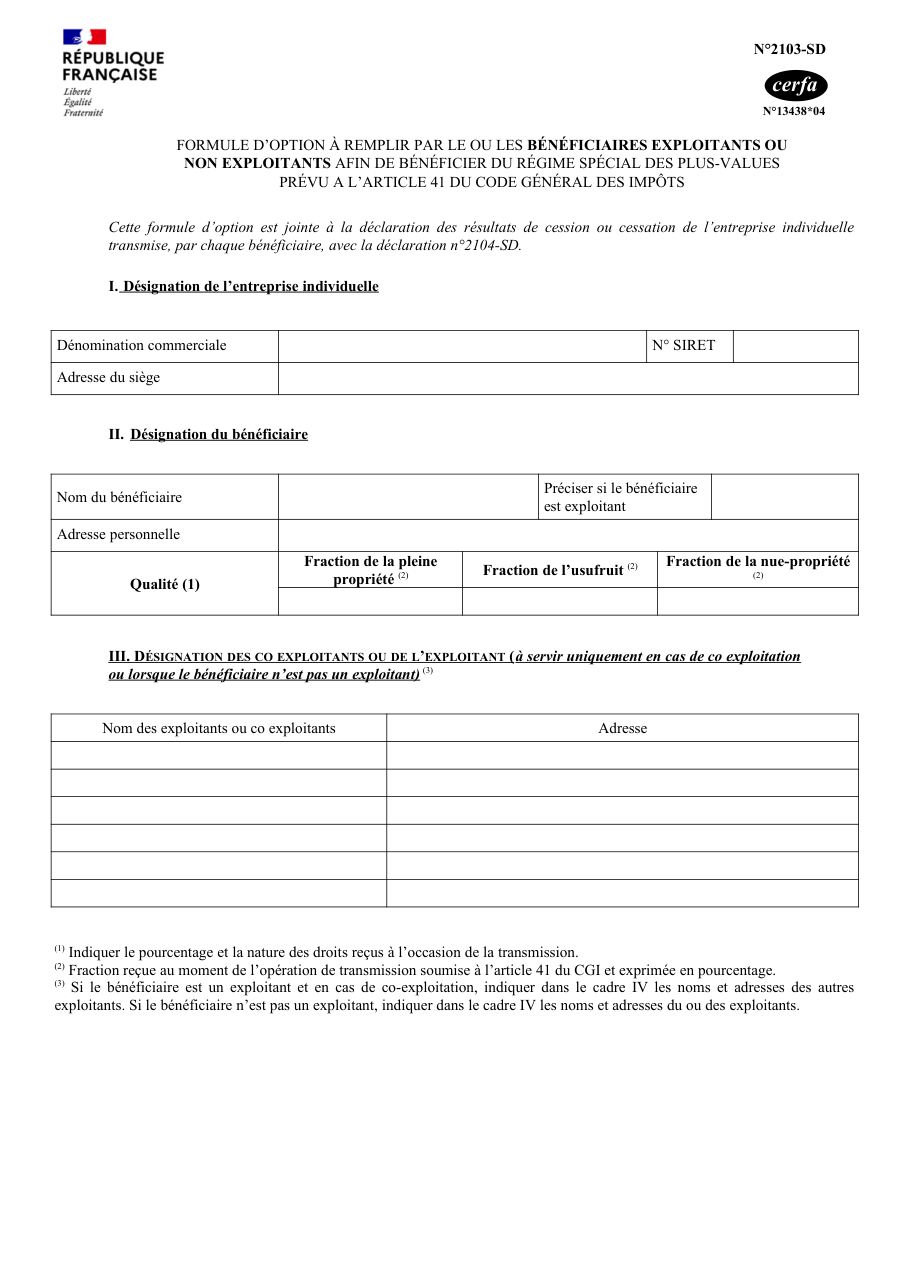 Page 1 du formulaire impots.gouv.fr n° 2103-SD — Opter pour le report des plus-values lors de la transmission d'une entreprise individuelle