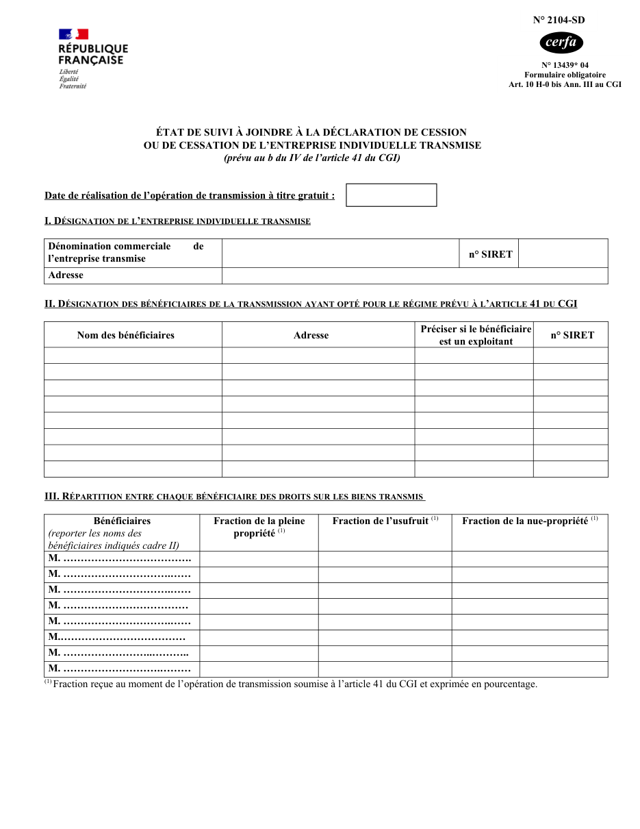 Page 1 du formulaire impots.gouv.fr n° 2104-SD — Suivre les plus-values en report après la transmission d'une entreprise individuelle