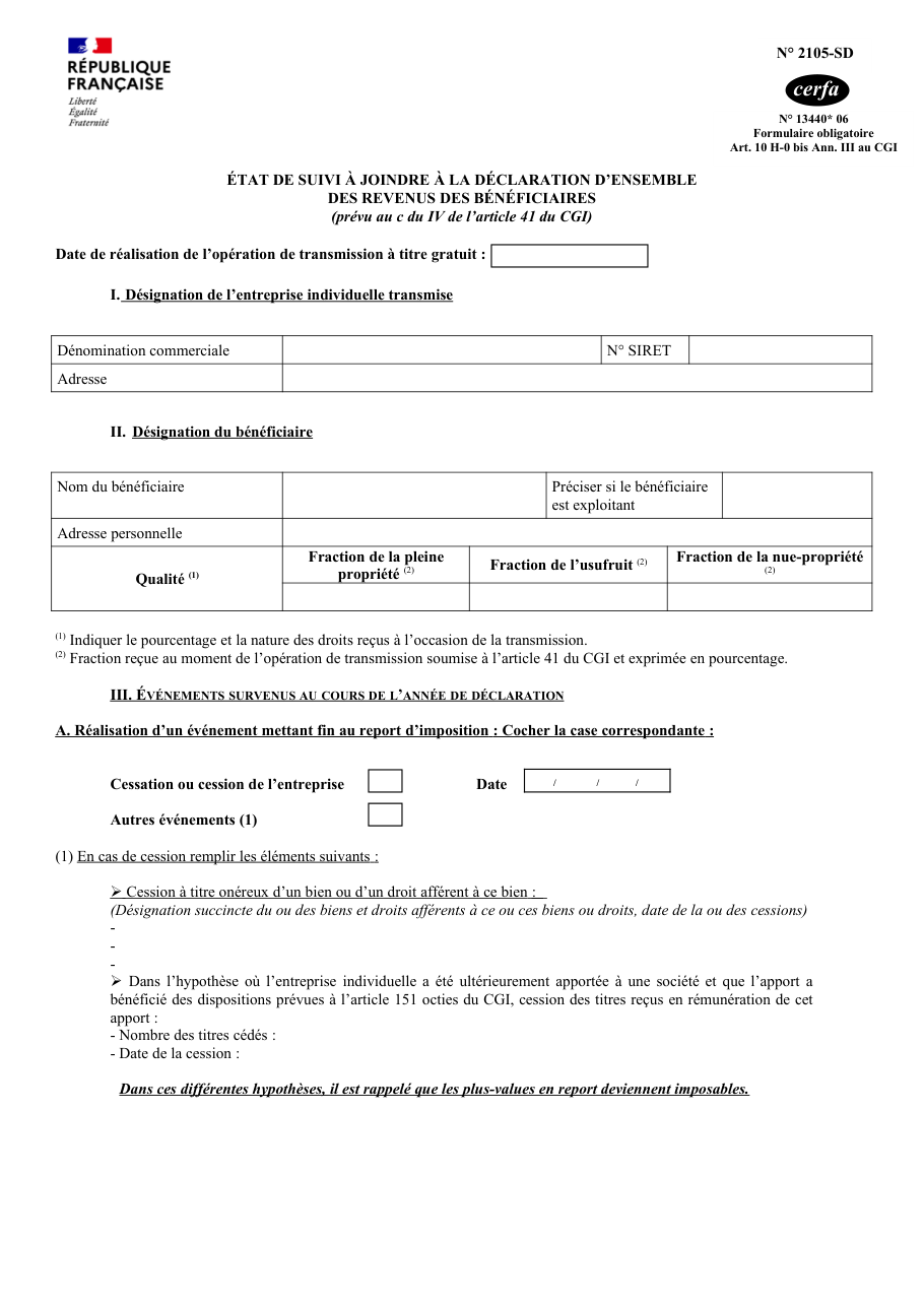 Page 1 du formulaire impots.gouv.fr n° 2105-SD — Suivre chaque année les plus-values en report après une transmission d'entreprise